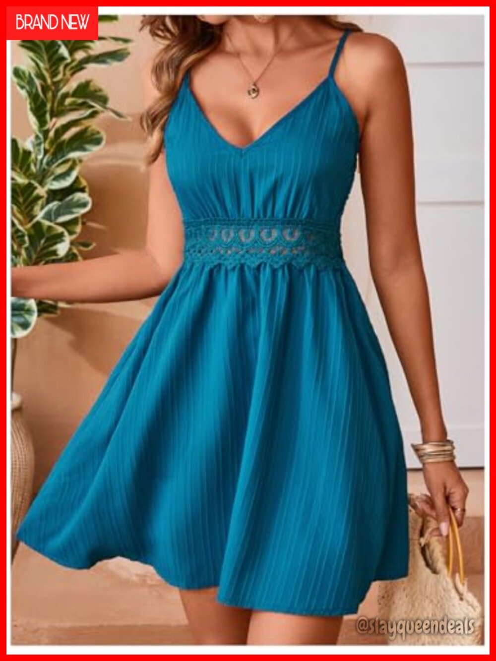 V Neck Lace Spaghetti Strap Casual Backless A Line Cami Dress - Picture 2 of 5